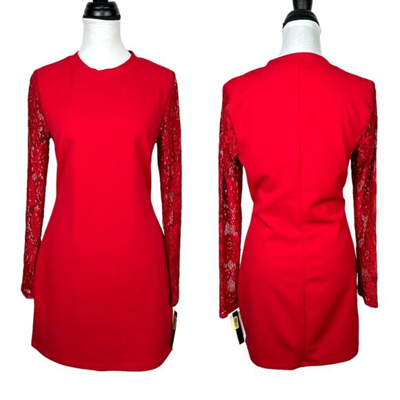 Xtraordinary | NWT Junior's Large Bold Red Long Lace Sleeves Mini Dress - Picture 1 of 9